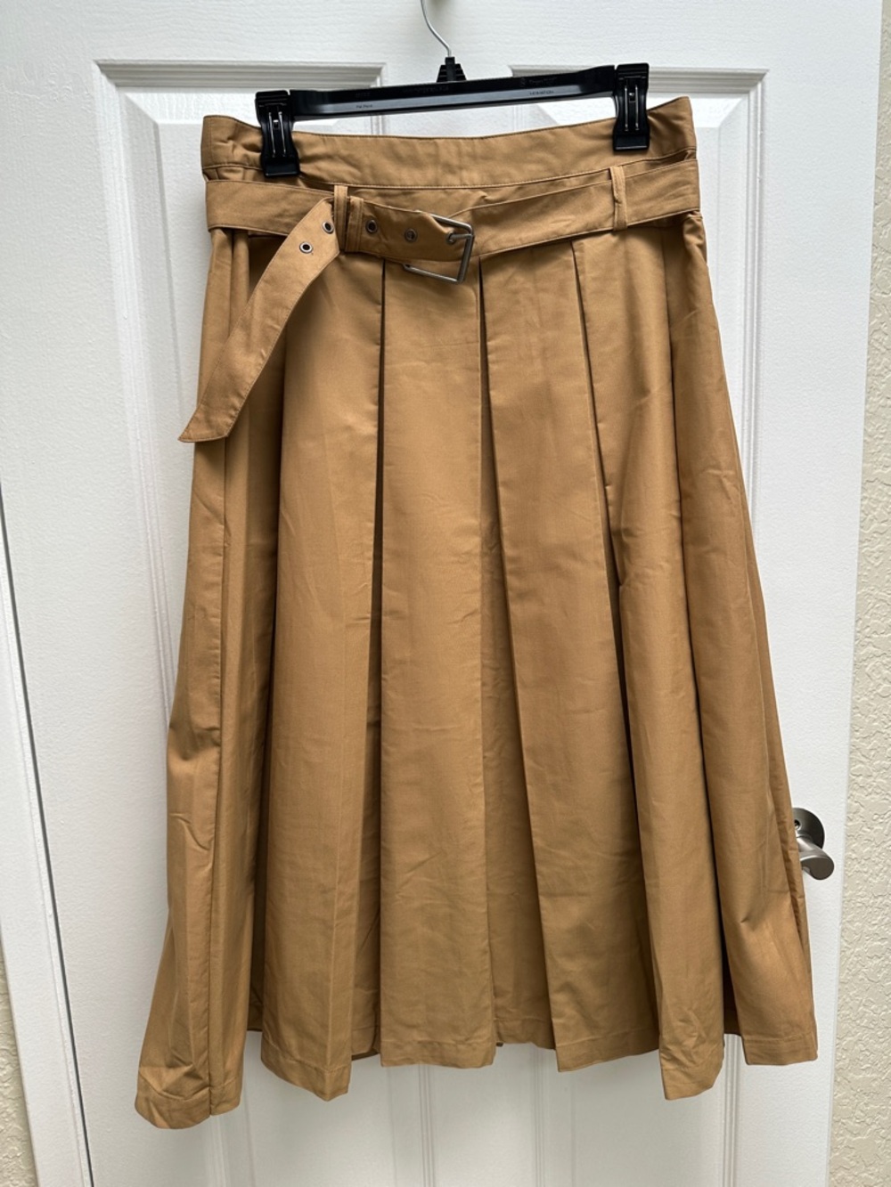 High-Waist Pleated Midi Skirt with Belt in Camel